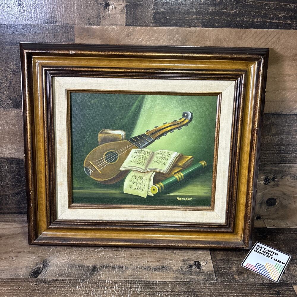 Vintage Andras Gombar Still Life Oil Painting Canvas Musical Instruments Framed